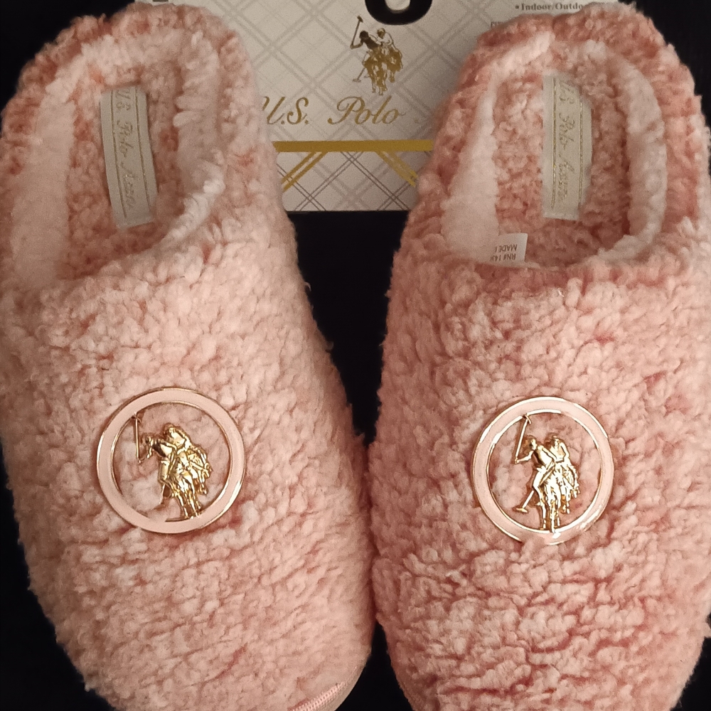 U.S. Polo Assn. Pink Plush Faux Fur Slippers Women's Size L 9-10 NWT